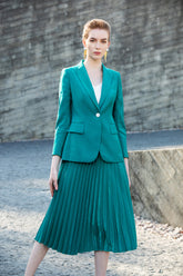 Green V-neck Blazer Pleated Skirt Suit - FashionByTeresa